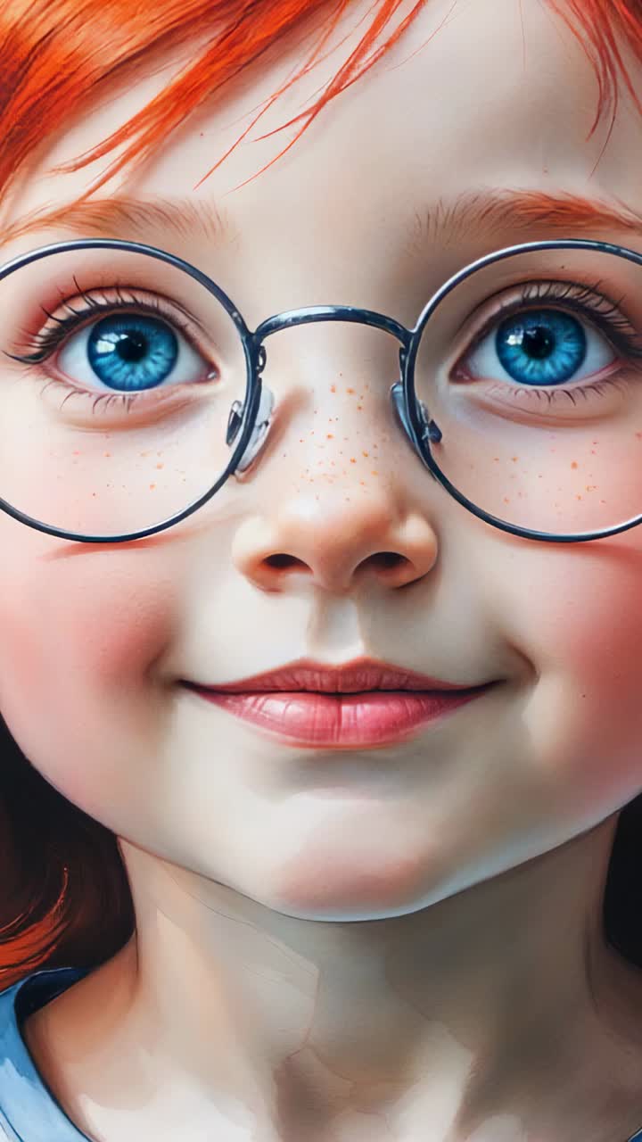 Vertical video: Lens pulling back showing redhead kid holding gaze in studio, glasses blue top