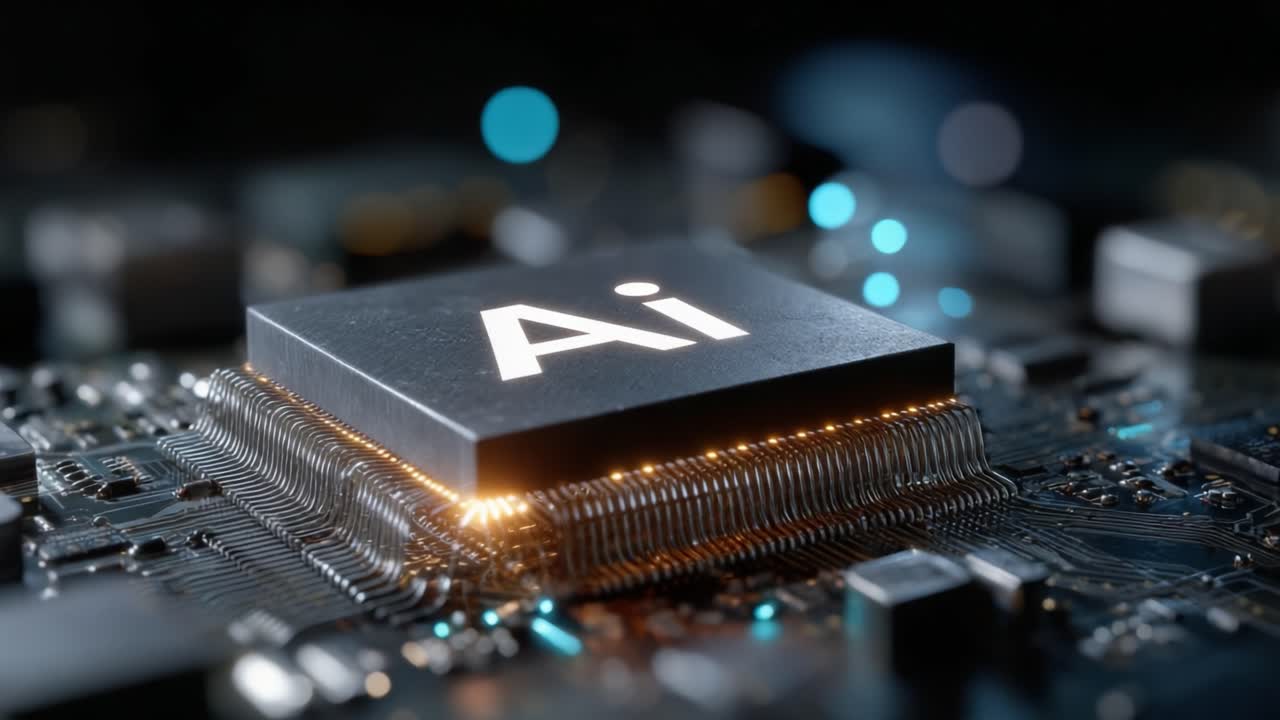 Illuminated Microchip Featuring AI Technology: A Close-Up View of Advanced Circuitry Highlighting the Future of Artificial Intelligence in Modern Computing