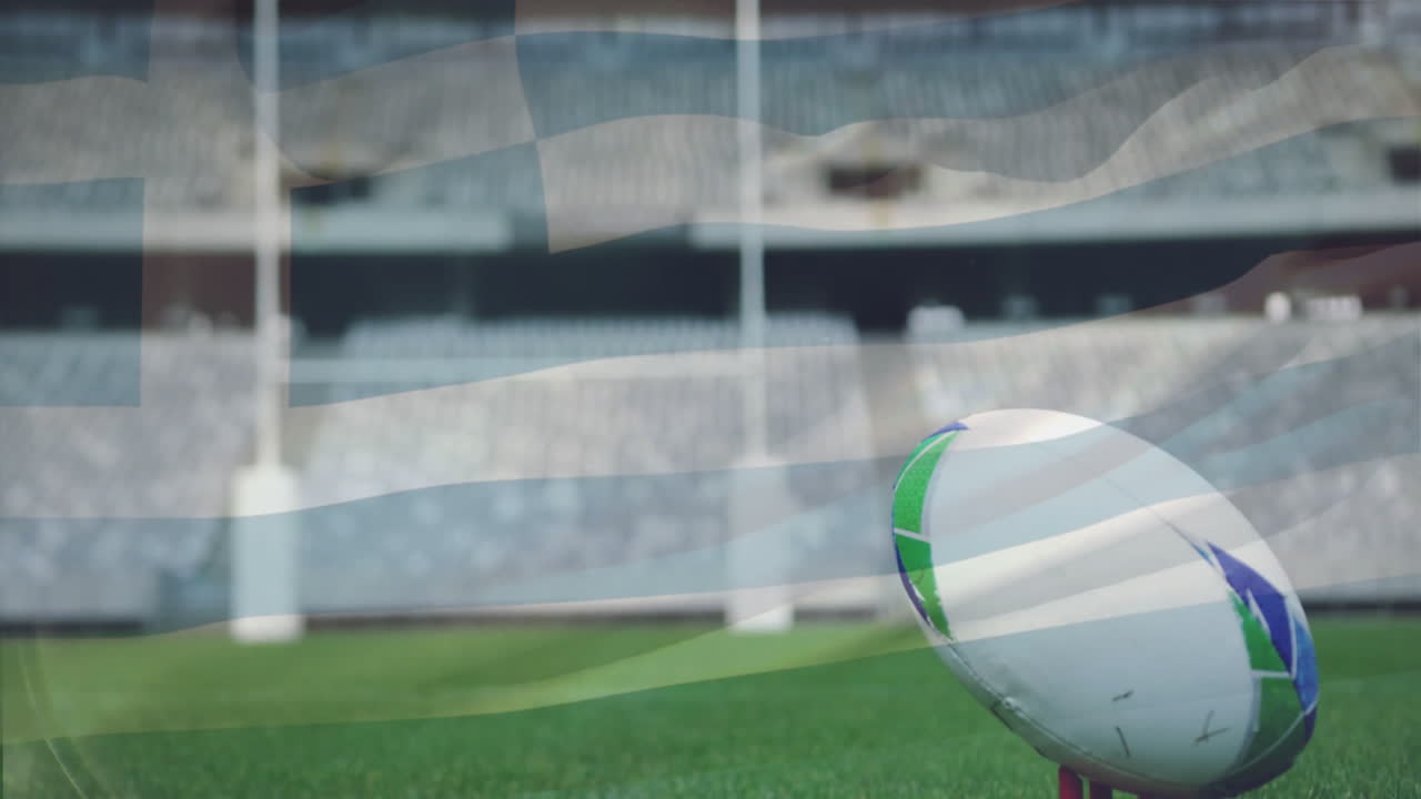 Rugby ball on tee over stadium with flag overlay animation
