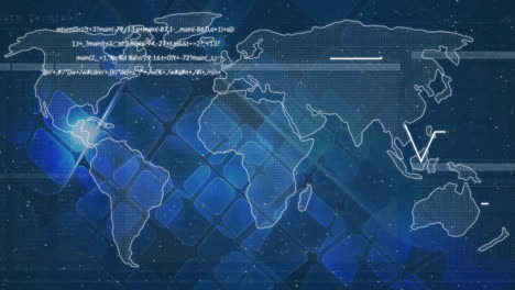 animación del procesamiento de datos sobre el mapa del mundo contra puntos de luz y formas cuadradas en fondo azul