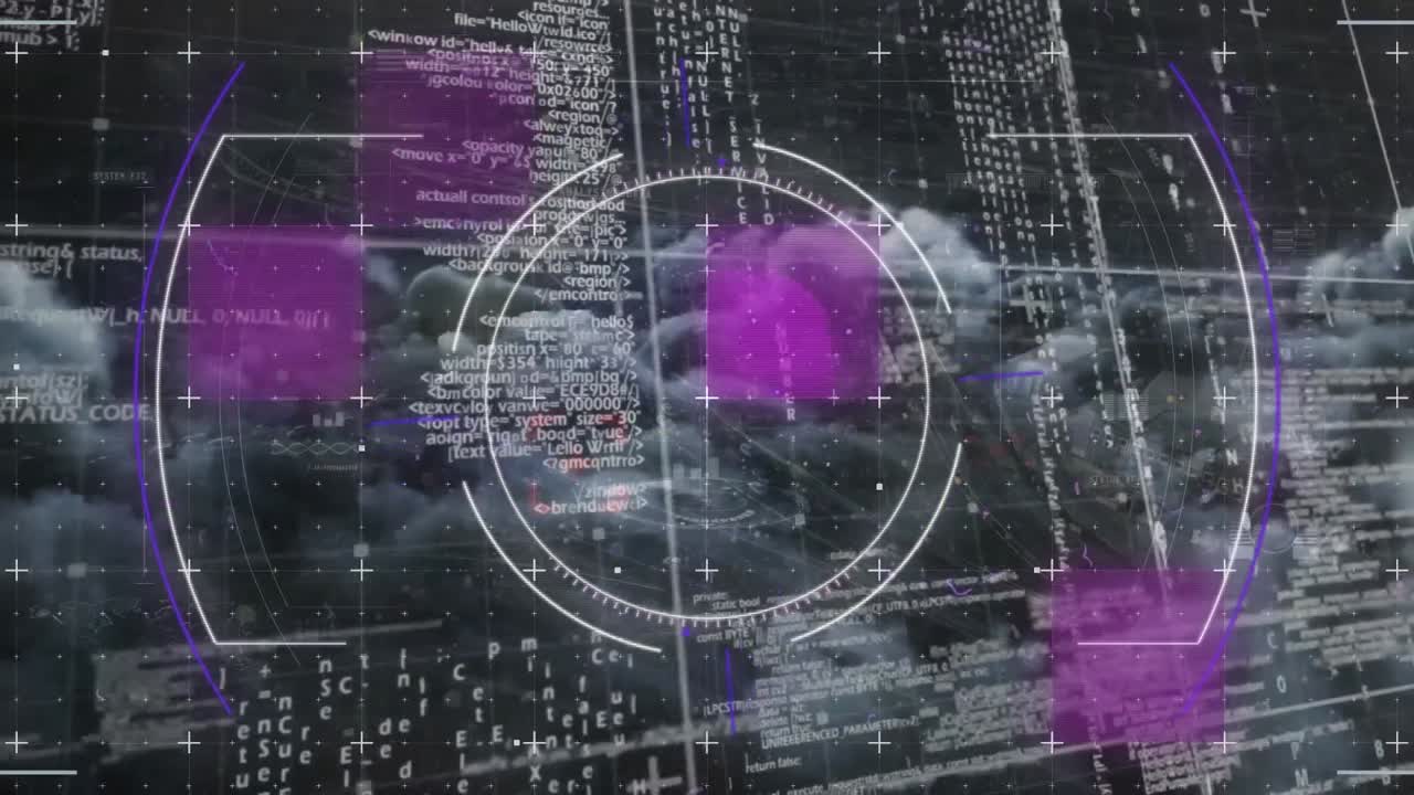 анимация эффекта сбоя и сканирования сферы над обработкой данных против темных облаков