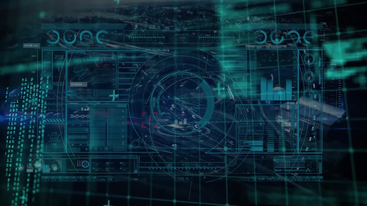 interfaz digital con procesamiento de datos frente a una vista aérea del paisaje urbano