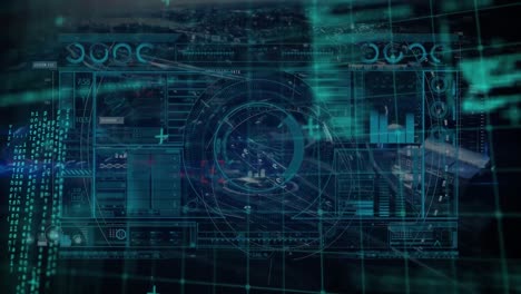 Digital interface with data processing against aerial view of cityscape