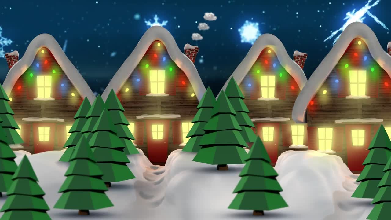 요정의 불빛으로 집 위에 내리는 눈의 애니메이션