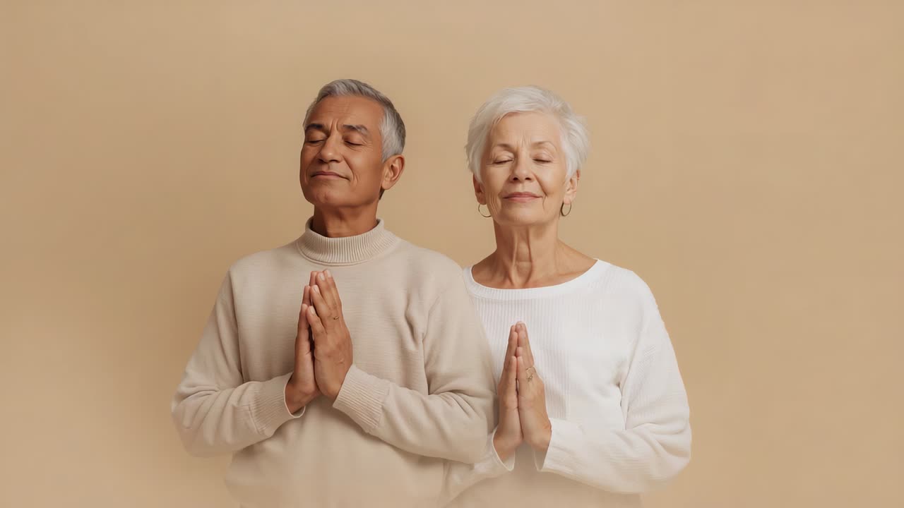 Yakınlaşan kamera, stüdyoda kazak giymiş, avuç içleri birbirine dönük şekilde meditasyon yapan ve huzur arayan yaşlı bir çift