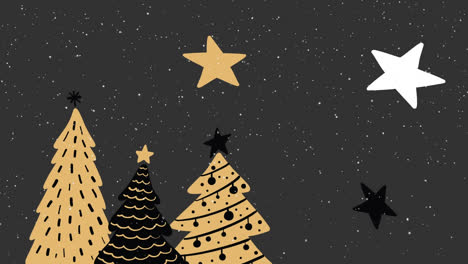 animation of falling snow over christmas trees and stars on grey background