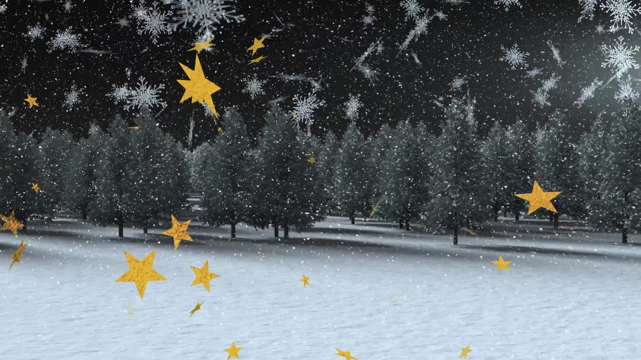 Animation of stars over winter scenery with fir trees