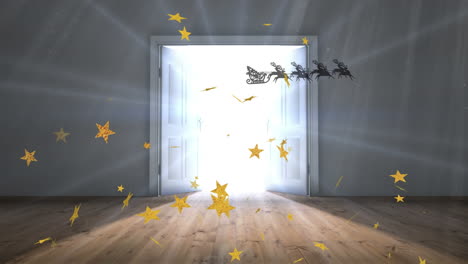 animation of stars and santa claus in sleigh with reindeer over door