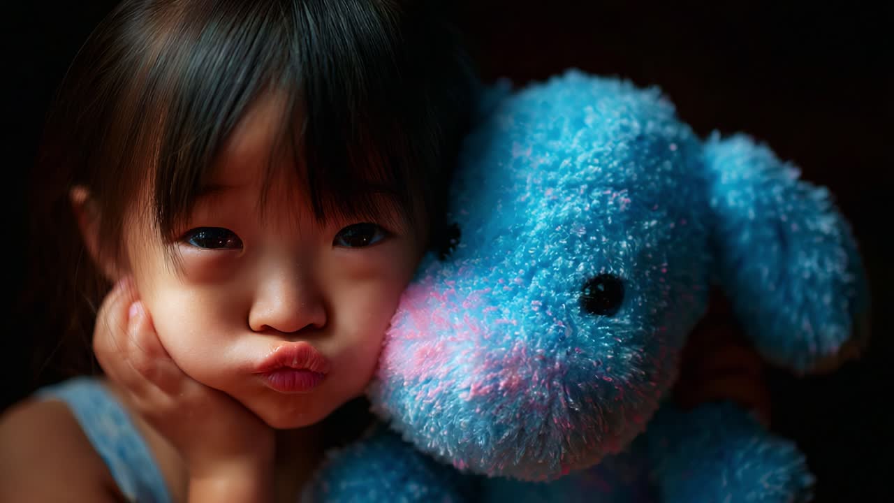 An adorable child cherishes a fluffy blue puppy toy, showcasing an expression of warmth and playfulness that captures the innocence of childhood and the bond with beloved stuffed animals