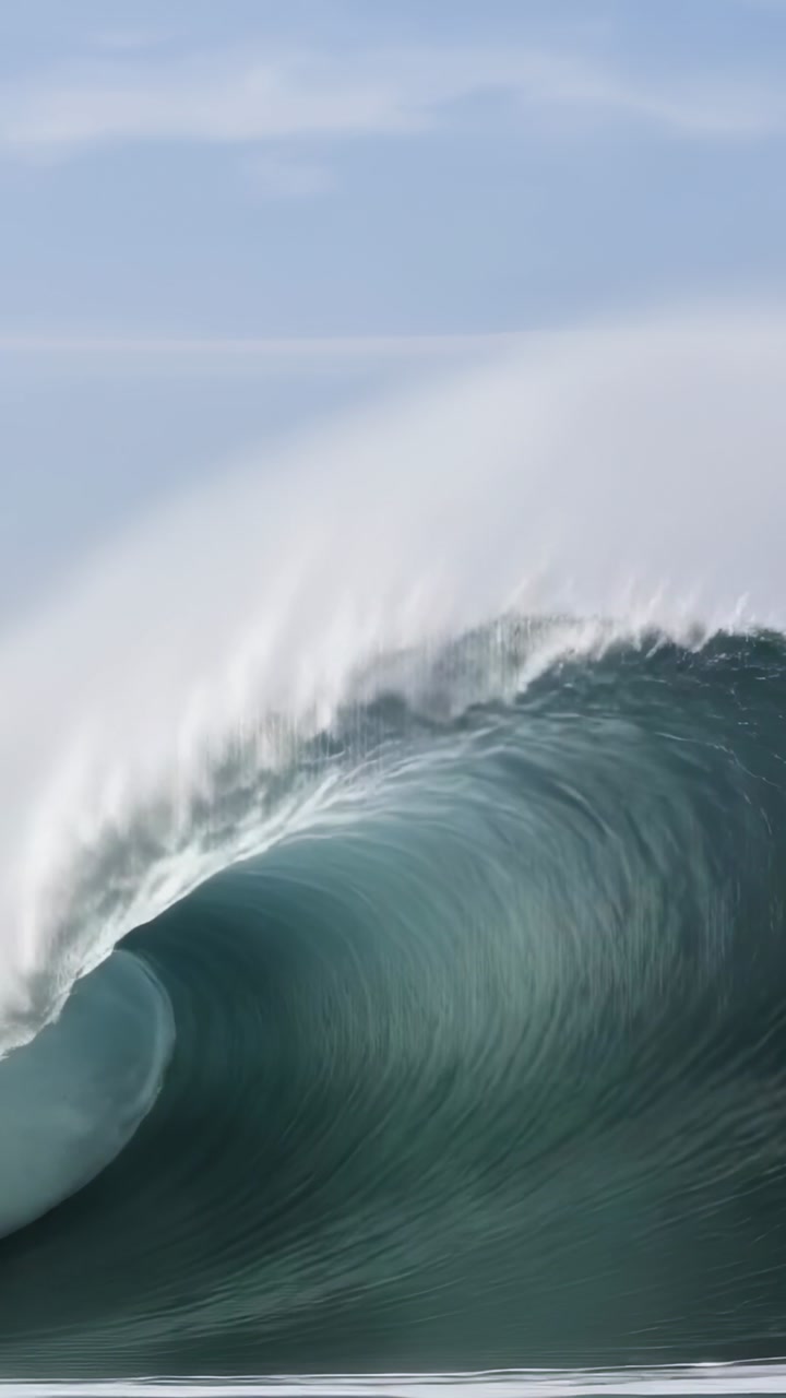 Vertical video: Curling wave forming barrel at sea after swell, spraying foam and releasing energy