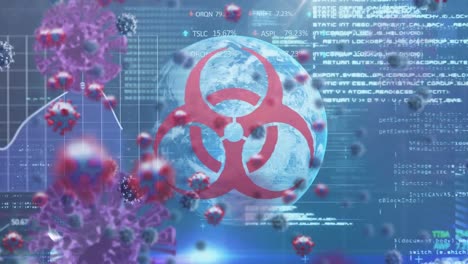 animation of covid 19 cells and data processing over globe and biohazard symbol