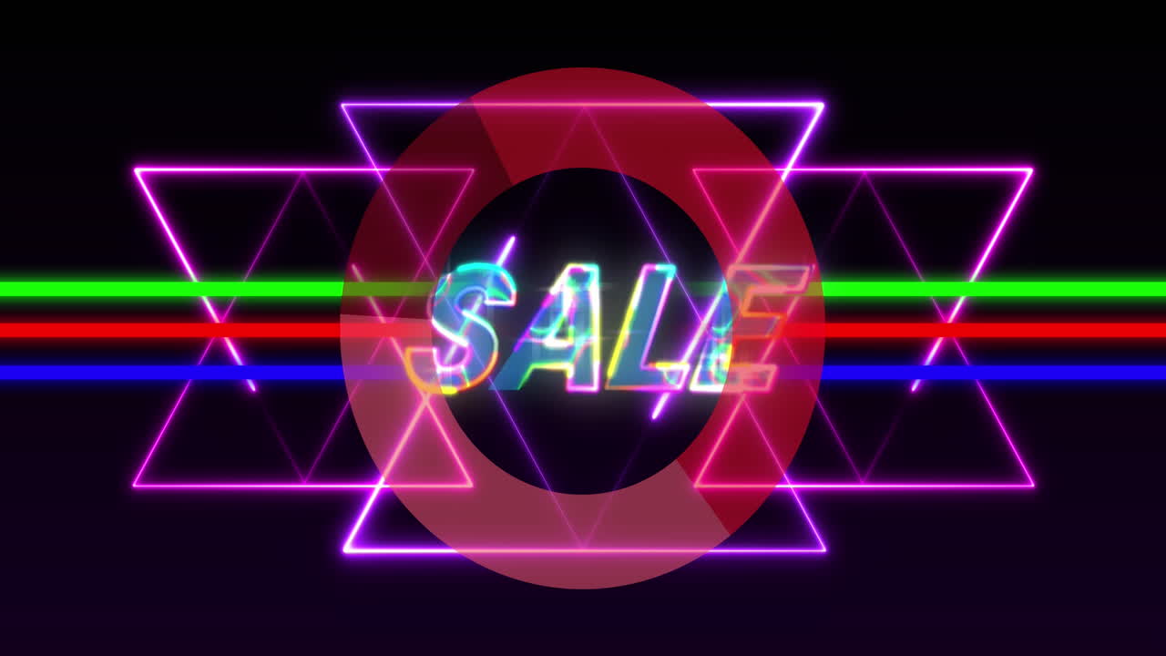 검은색 배경에 활기찬 네온 선 위에 판매 텍스트의 애니메이션