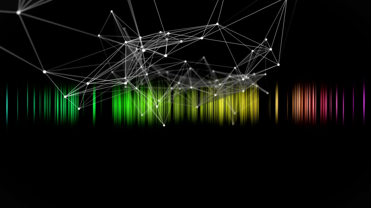 플렉서스 애니메이션: 빛나는 삼각형과 색을 바꾸는 줄무, 느린 동작, 4096x2304 루프