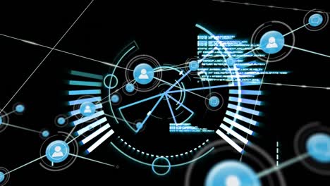 animación de la red de conexiones a través del procesamiento de datos y el escaneo de alcance sobre fondo negro