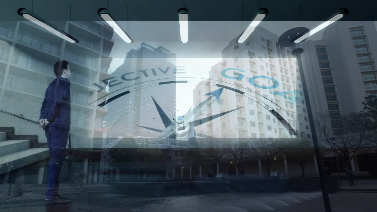 Businessman observing cityscape with Active Goal text and clock animation overlay