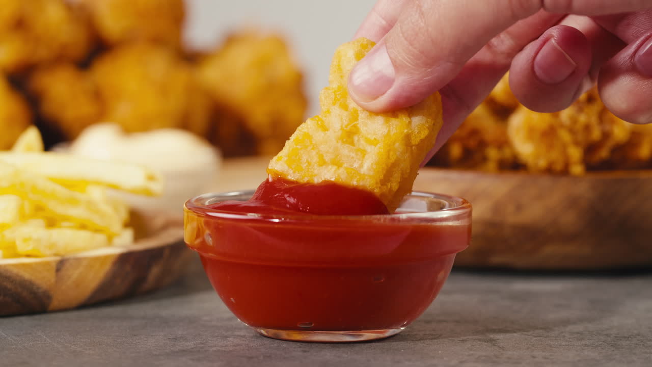 Hand Dipping Chicken Nuggets in Ketchup