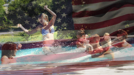 Group-of-friends-in-a-pool-and-the-American-flag-for-fourth-of-July