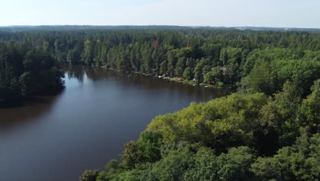 aerial-view-of-a-pond-in-the-woods-with-small-piers