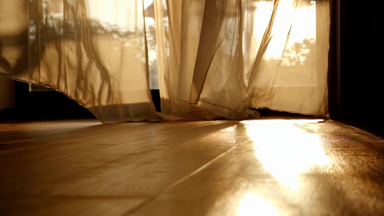 Golden Sunlight Streaming Through Sheer Curtains onto a Wooden Floor