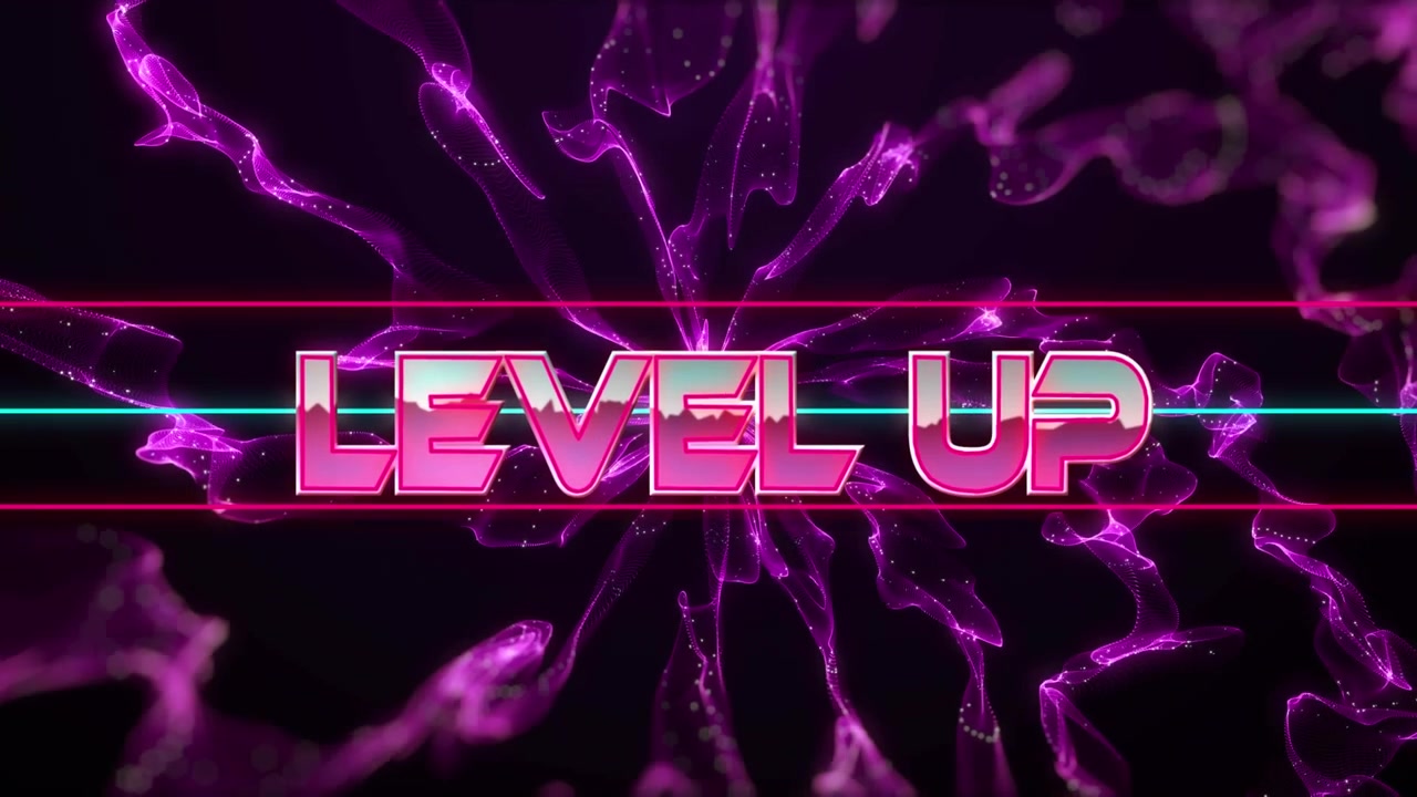 Animazione del testo 'level up' su montagne digitali su sfondo rosso.