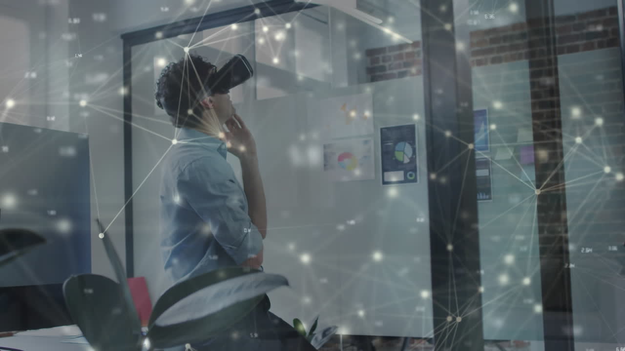 animación de la red de conexiones sobre el hombre de negocios que usa auriculares vr en la oficina