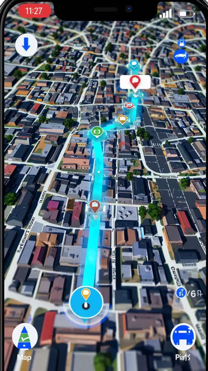 Aerial view of a smartphone screen displaying a 3D city map with a blue navigation path