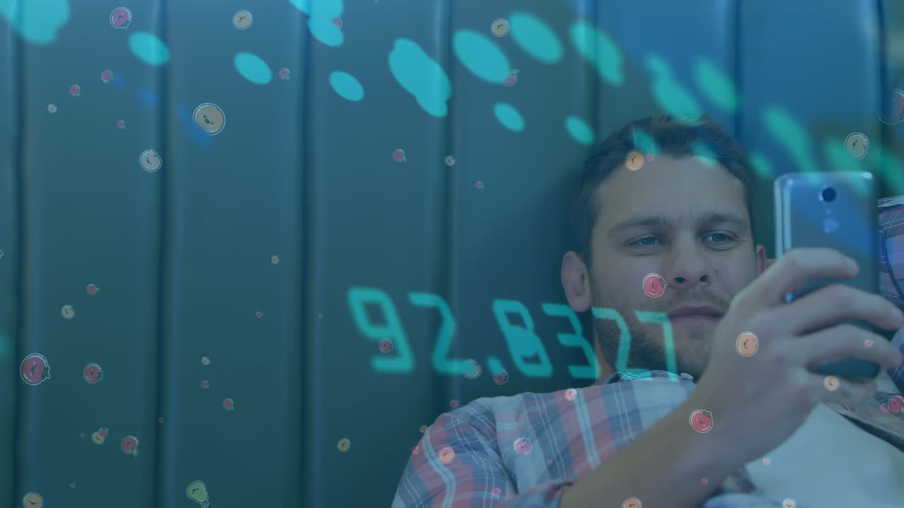 Animation of data processing over caucasian man using smartphone