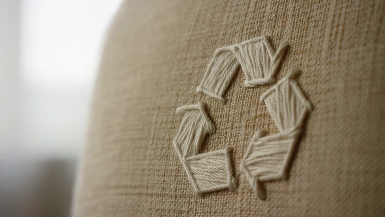Slow camera movement reveals tactile beige woven cushion with raised twisted rope embroidery, subtle circular pattern, soft texture, neutral tones, and calm home interior mood, with fabric, textile