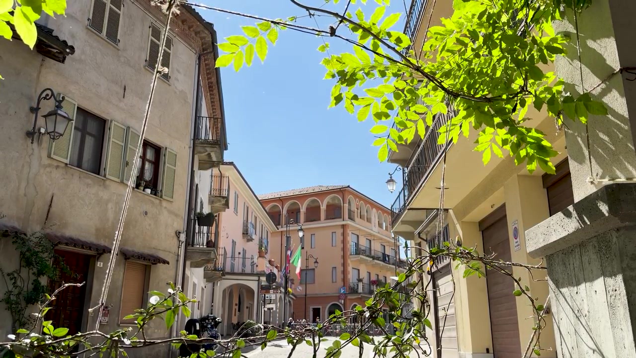 Inquadratura ampia e statica di edifici tradizionali italiani con persiane, balconi e un rigoglioso fogliame estivo verde brillante