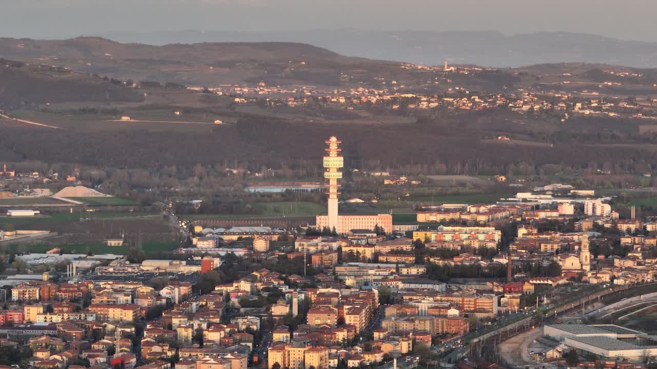 Aerial Drone view of Verona's Montorio's TV Transmission Tower at Sunset - Not Graded