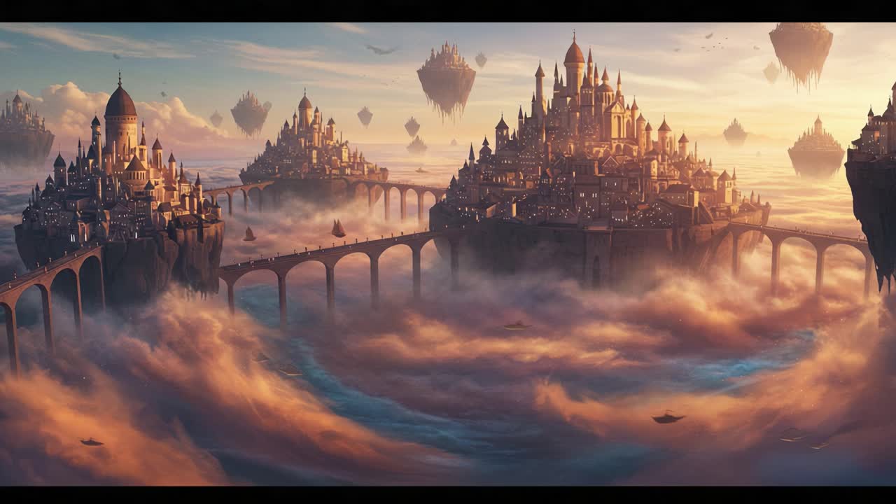 A breathtaking depiction of a fantastical floating cityscape, where majestic castles rise above clouds, connected by grand bridges under a serene sky at dusk
