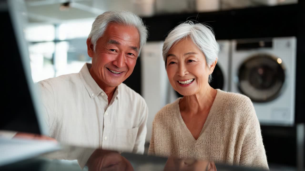 Joyful senior couple sharing a moment of happiness and connection in a warm, inviting environment, smiling brightly at the camera, showcasing their bond and life's simple pleasures in an everyday setting