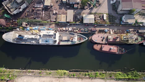 overhead view of large freight ships docked at gdansk port for loading in poland