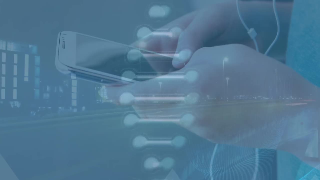 스마트폰을 사용하는 백인 사람 위의 dna 줄무와 화살표의 애니메이션