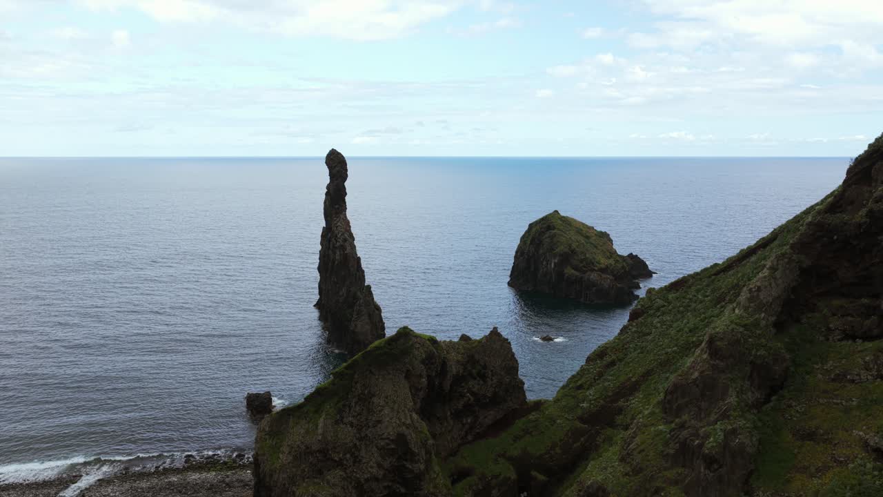 Aerial view of the iconic rock formations at Ribeira da Janela beach in Madeira Island, Portugal, creating a dramatic seascape