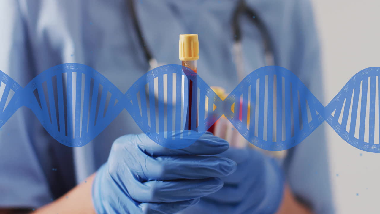 sosteniendo una muestra de sangre, manos con guantes con animación de cadena de adn sobre antecedentes médicos
