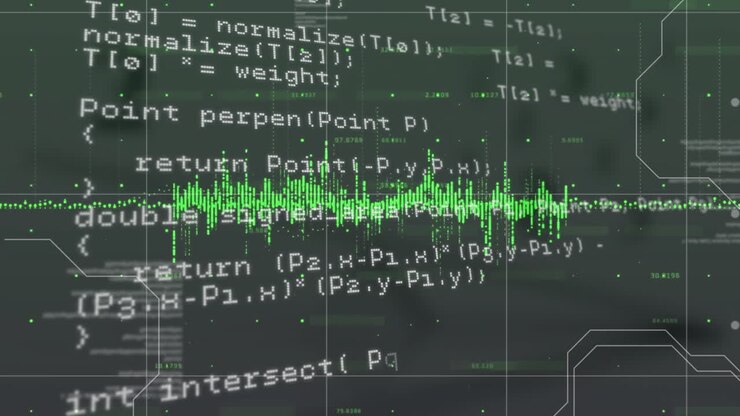 Animation of data processing over dark background