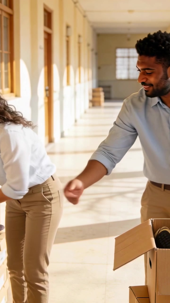 Vertical video: Packing coworkers in shirts placing shoes, items into boxes in sunlit hall for move