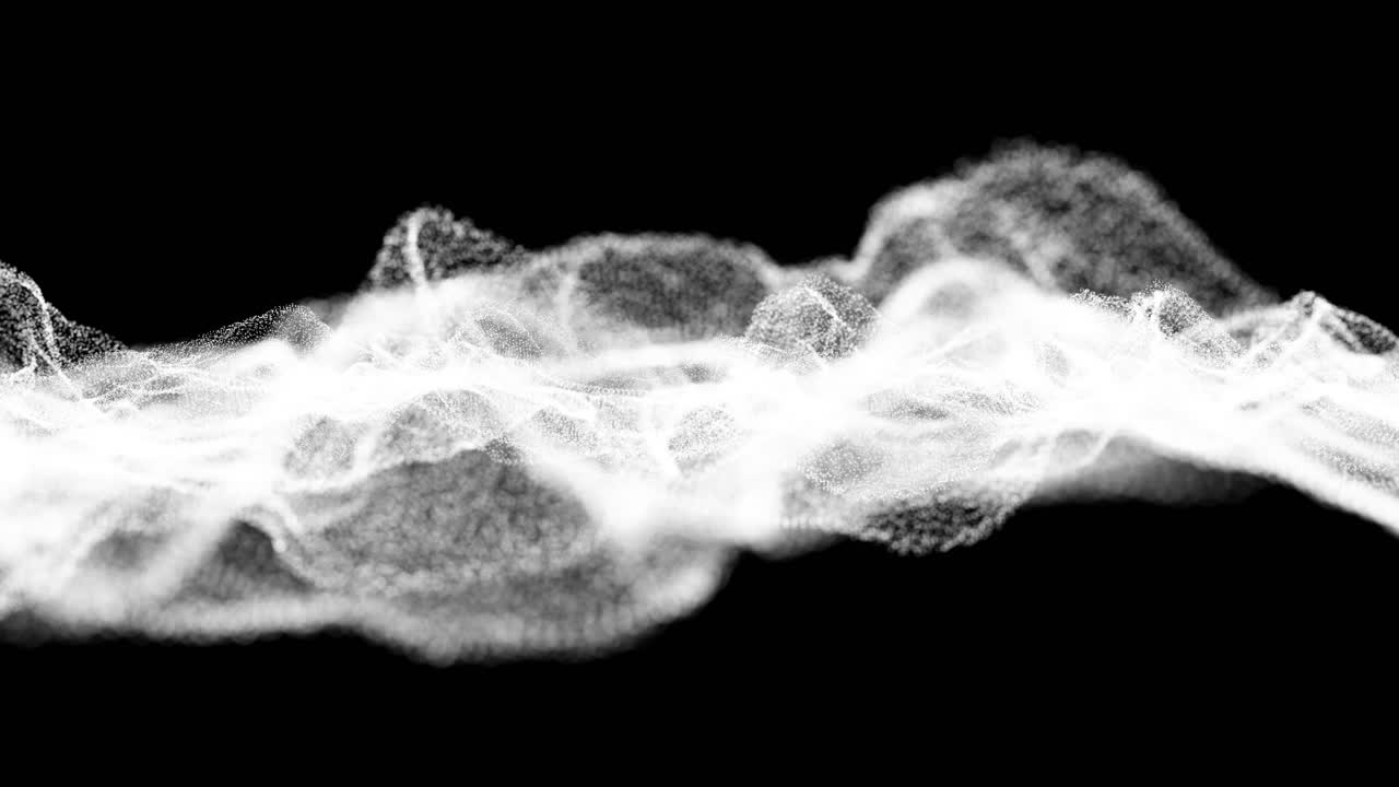 Vague abstraite dynamique de particules blanches sur fond noir.