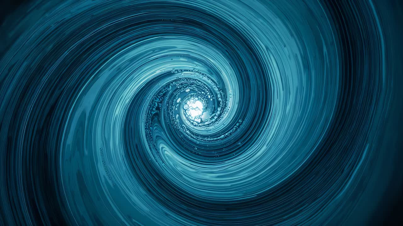 Vortex spiralé rotatif resserrant des anneaux avec la caméra avançant dans une scène 3D, attirant la lumière centrale vers l'intérieur.