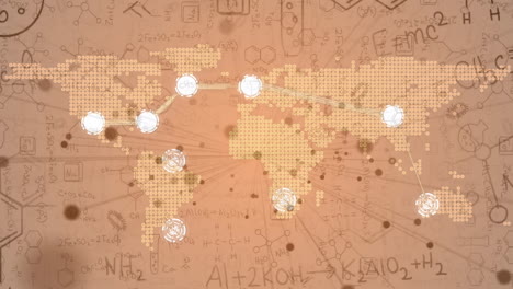 animation of world map, network of connections and mathematical equations on orange background