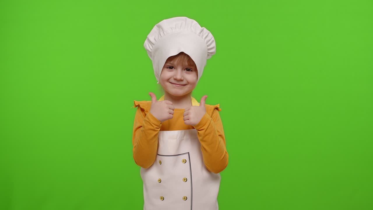 Bambina vestita da cuoca/chef che mostra il pollice in su, sorridente, che guarda la telecamera su chroma key.
