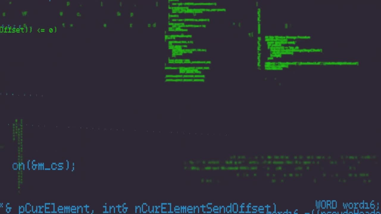 Animation of green and blue data and information processing on dark background