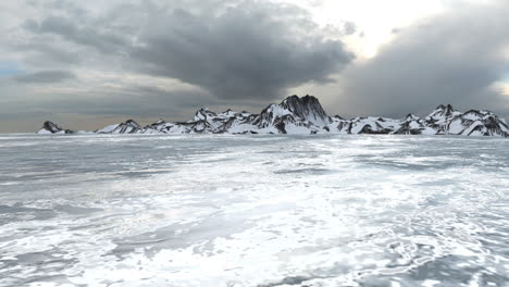 snowy mountain range over icy water