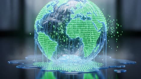 a digital representation of the globe surrounded by streams of binary code, symbolizing the connection between data and the earth in a high-tech environment