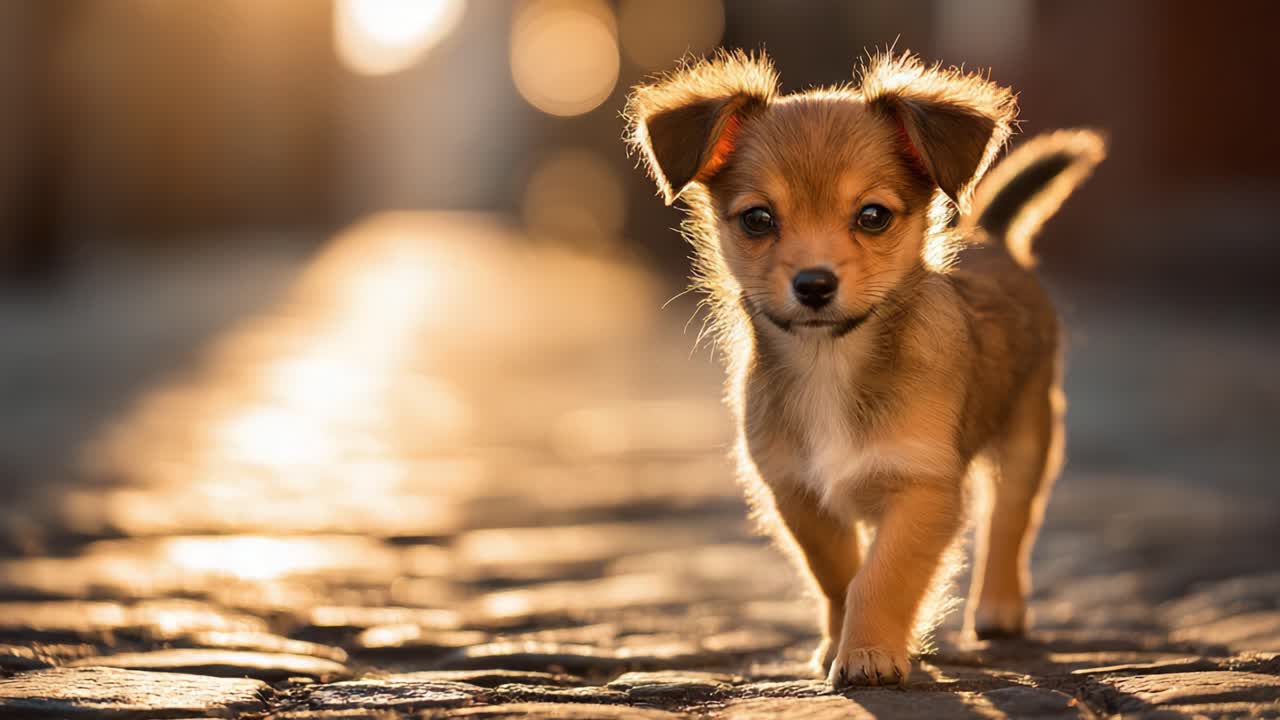 A Playful Puppy Explores Its Surroundings, Capturing the Essence of Joy and Curiosity as It Navigates Through a Sunlit Cobblestone Pathway