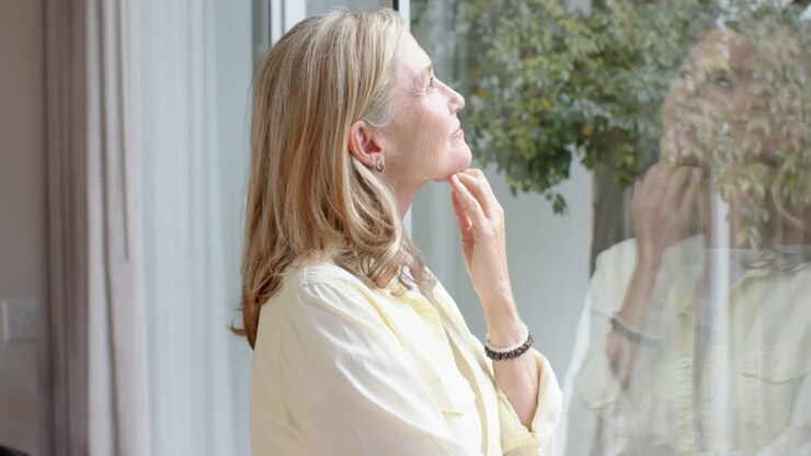 Looking out window, senior woman enjoying peaceful moment at home
