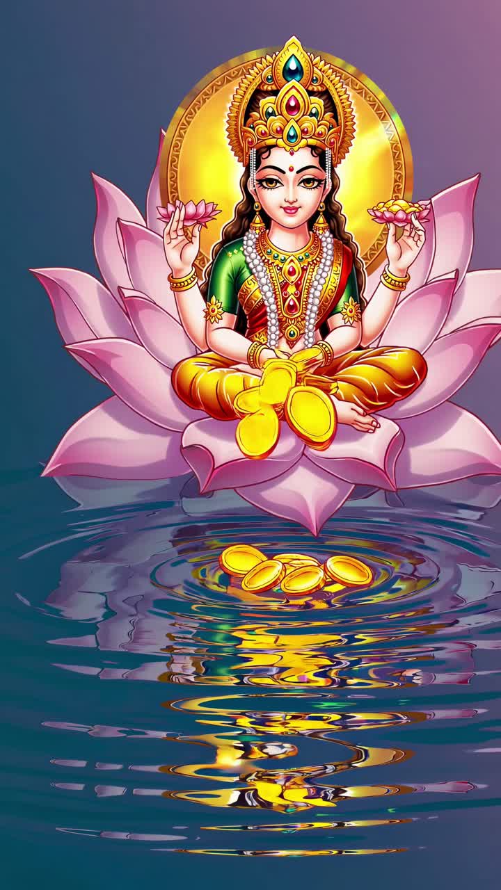 Goddess Lakshmi on Lotus with Gold Coins