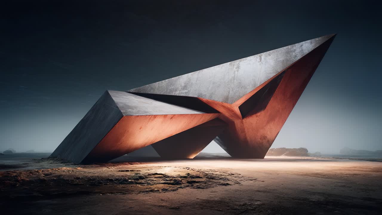 A stunning view of an abstract architectural sculpture featuring sharp angles and metallic surfaces set against a dramatic atmospheric backdrop, showcasing modern design elegance in an ethereal landscape