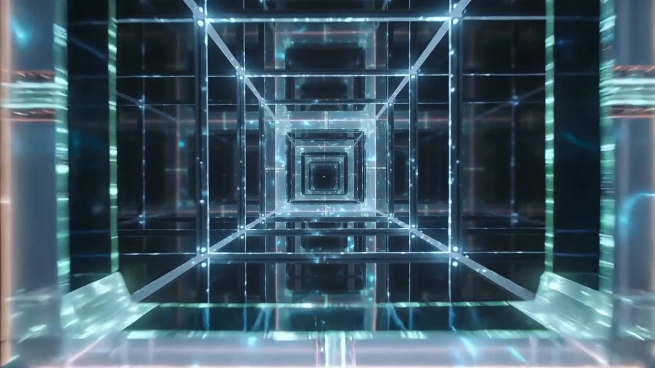 Responding to light pulse, camera moving through cubic tunnel, revealing mirrors and glowing nodes